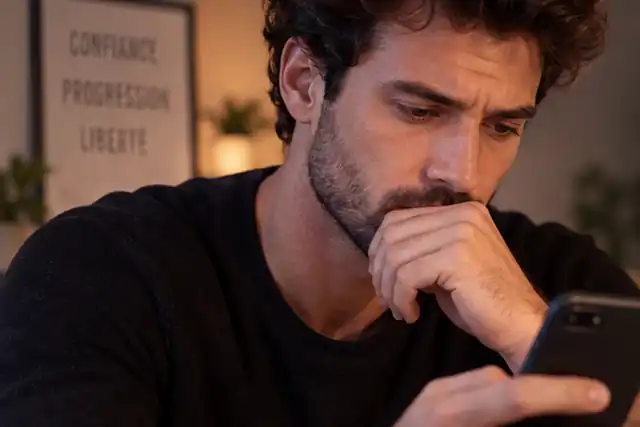 Homme regardant son téléphone et réfléchissant avant d’envoyer un message à son ex